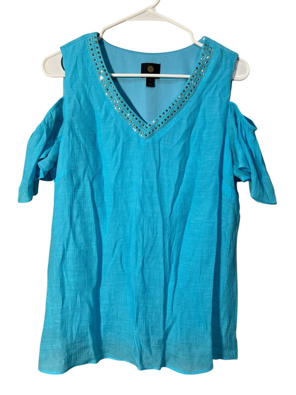 JM Collection Women's Size Petite Large Cold Shoulder Top Teal Blue V-Neck Metal